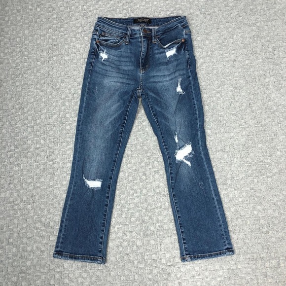 Judy Blue Denim - Judy Blue Jeans Womens 3/26 Blue Distressed Stretch Denim Straight Leg Pants Day